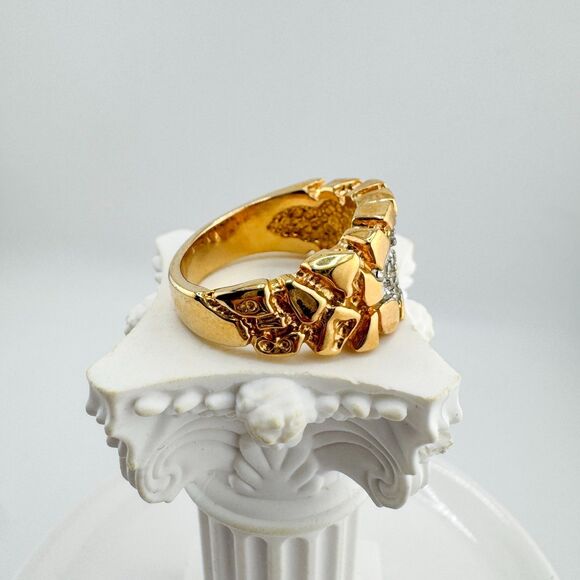 Vintage Gold Tone Nugget Ring Clear Rhinestone Pave Cluster Texture Statement - Picture 8 of 10
